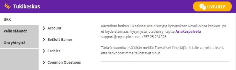 Asiakaspalvelu ja live-chat sekä muut yhteydet